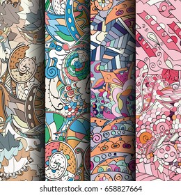 Set of tracery colorful seamless patterns. Vertical stripes. Curved doodling backgrounds for textile or printing with mehndi and ethnic motives. Vector