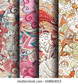 Set of tracery colorful seamless patterns. Vertical stripes. Curved doodling backgrounds for textile or printing with mehndi and ethnic motives. Vector