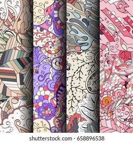 Set of tracery colorful seamless patterns. Vertical stripes. Curved doodling backgrounds for textile or printing with mehndi and ethnic motives. Vector