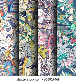 Set of tracery colorful seamless patterns. Vertical stripes. Curved doodling backgrounds for textile or printing with mehndi and ethnic motives. Vector