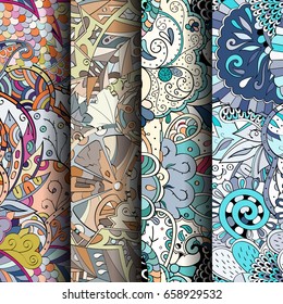 Set of tracery colorful seamless patterns. Vertical stripes. Curved doodling backgrounds for textile or printing with mehndi and ethnic motives. Vector