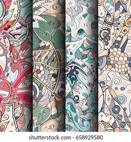 Set of tracery colorful seamless patterns. Vertical stripes. Curved doodling backgrounds for textile or printing with mehndi and ethnic motives. Vector