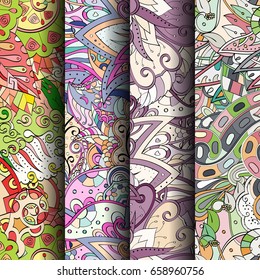 Set of tracery colorful seamless patterns. Vertical stripes. Curved doodling backgrounds for textile or printing with mehndi and ethnic motives. Vector