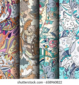 Set of tracery colorful seamless patterns. Vertical stripes. Curved doodling backgrounds for textile or printing with mehndi and ethnic motives. Vector