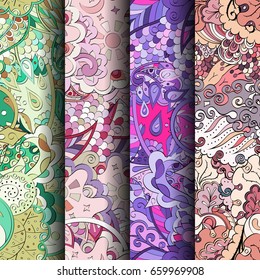 Set of tracery colorful seamless patterns. Vertical stripes. Curved doodling backgrounds for textile or printing with mehndi and ethnic motives. Vector