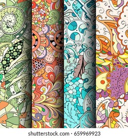 Set of tracery colorful seamless patterns. Vertical stripes. Curved doodling backgrounds for textile or printing with mehndi and ethnic motives. Vector