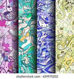 Set of tracery colorful seamless patterns. Vertical stripes. Curved doodling backgrounds for textile or printing with mehndi and ethnic motives. Vector