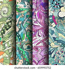 Set of tracery colorful seamless patterns. Vertical stripes. Curved doodling backgrounds for textile or printing with mehndi and ethnic motives. Vector