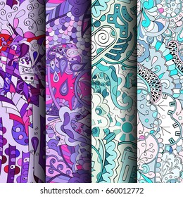 Set of tracery colorful seamless patterns. Vertical stripes. Curved doodling backgrounds for textile or printing with mehndi and ethnic motives. Vector