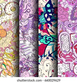Set of tracery colorful seamless patterns. Vertical stripes. Curved doodling backgrounds for textile or printing with mehndi and ethnic motives. Vector