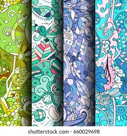 Set of tracery colorful seamless patterns. Vertical stripes. Curved doodling backgrounds for textile or printing with mehndi and ethnic motives. Vector