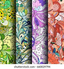 Set of tracery colorful seamless patterns. Vertical stripes. Curved doodling backgrounds for textile or printing with mehndi and ethnic motives. Vector