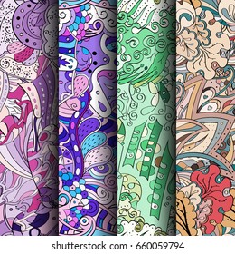 Set of tracery colorful seamless patterns. Vertical stripes. Curved doodling backgrounds for textile or printing with mehndi and ethnic motives. Vector