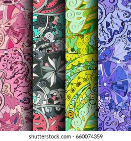 Set of tracery colorful seamless patterns. Vertical stripes. Curved doodling backgrounds for textile or printing with mehndi and ethnic motives. Vector
