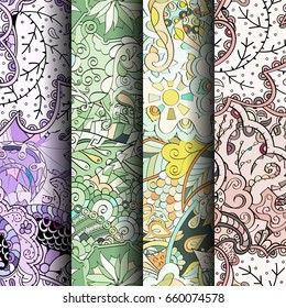 Set of tracery colorful seamless patterns. Vertical stripes. Curved doodling backgrounds for textile or printing with mehndi and ethnic motives. Vector