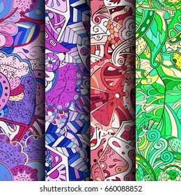 Set of tracery colorful seamless patterns. Vertical stripes. Curved doodling backgrounds for textile or printing with mehndi and ethnic motives. Vector