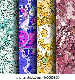 Set of tracery colorful seamless patterns. Vertical stripes. Curved doodling backgrounds for textile or printing with mehndi and ethnic motives. Vector