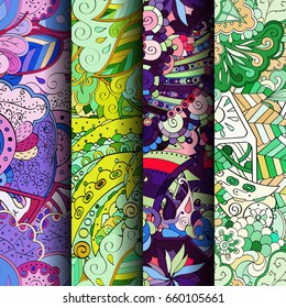 Set of tracery colorful seamless patterns. Vertical stripes. Curved doodling backgrounds for textile or printing with mehndi and ethnic motives. Vector
