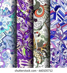 Set of tracery colorful seamless patterns. Vertical stripes. Curved doodling backgrounds for textile or printing with mehndi and ethnic motives. Vector