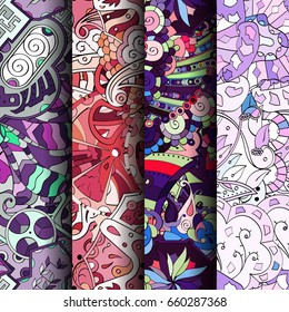 Set of tracery colorful seamless patterns. Vertical stripes. Curved doodling backgrounds for textile or printing with mehndi and ethnic motives. Vector