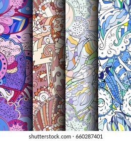 Set of tracery colorful seamless patterns. Vertical stripes. Curved doodling backgrounds for textile or printing with mehndi and ethnic motives. Vector