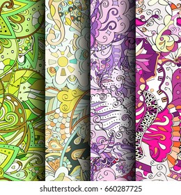 Set of tracery colorful seamless patterns. Vertical stripes. Curved doodling backgrounds for textile or printing with mehndi and ethnic motives. Vector
