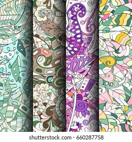 Set of tracery colorful seamless patterns. Vertical stripes. Curved doodling backgrounds for textile or printing with mehndi and ethnic motives. Vector