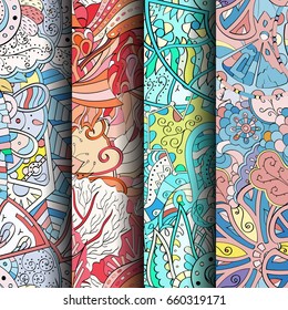 Set of tracery colorful seamless patterns. Vertical stripes. Curved doodling backgrounds for textile or printing with mehndi and ethnic motives. Vector
