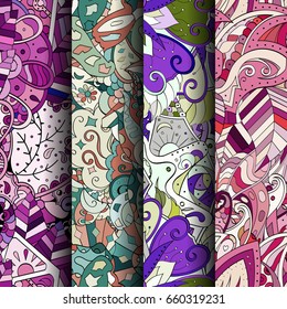 Set of tracery colorful seamless patterns. Vertical stripes. Curved doodling backgrounds for textile or printing with mehndi and ethnic motives. Vector