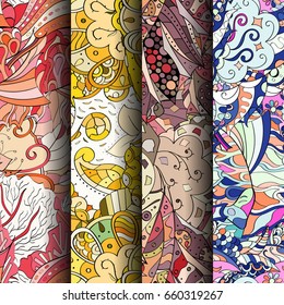 Set of tracery colorful seamless patterns. Vertical stripes. Curved doodling backgrounds for textile or printing with mehndi and ethnic motives. Vector