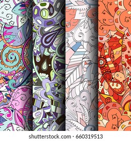 Set of tracery colorful seamless patterns. Vertical stripes. Curved doodling backgrounds for textile or printing with mehndi and ethnic motives. Vector
