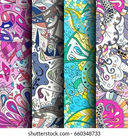 Set of tracery colorful seamless patterns. Vertical stripes. Curved doodling backgrounds for textile or printing with mehndi and ethnic motives. Vector