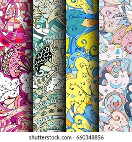 Set of tracery colorful seamless patterns. Vertical stripes. Curved doodling backgrounds for textile or printing with mehndi and ethnic motives. Vector