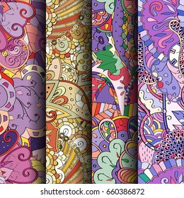 Set of tracery colorful seamless patterns. Vertical stripes. Curved doodling backgrounds for textile or printing with mehndi and ethnic motives. Vector