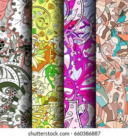 Set of tracery colorful seamless patterns. Vertical stripes. Curved doodling backgrounds for textile or printing with mehndi and ethnic motives. Vector