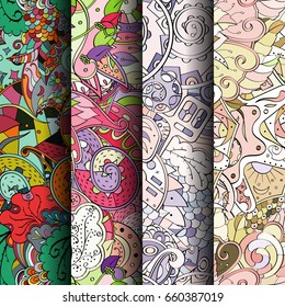 Set of tracery colorful seamless patterns. Vertical stripes. Curved doodling backgrounds for textile or printing with mehndi and ethnic motives. Vector
