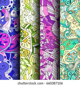 Set of tracery colorful seamless patterns. Vertical stripes. Curved doodling backgrounds for textile or printing with mehndi and ethnic motives. Vector