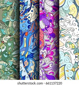 Set of tracery colorful seamless patterns. Vertical stripes. Curved doodling backgrounds for textile or printing with mehndi and ethnic motives. Vector