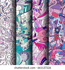 Set of tracery colorful seamless patterns. Vertical stripes. Curved doodling backgrounds for textile or printing with mehndi and ethnic motives. Vector