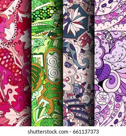 Set of tracery colorful seamless patterns. Vertical stripes. Curved doodling backgrounds for textile or printing with mehndi and ethnic motives. Vector