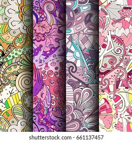 Set of tracery colorful seamless patterns. Vertical stripes. Curved doodling backgrounds for textile or printing with mehndi and ethnic motives. Vector