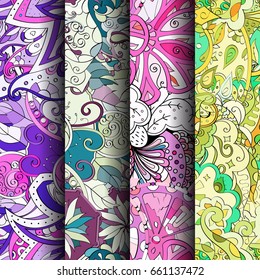 Set of tracery colorful seamless patterns. Vertical stripes. Curved doodling backgrounds for textile or printing with mehndi and ethnic motives. Vector