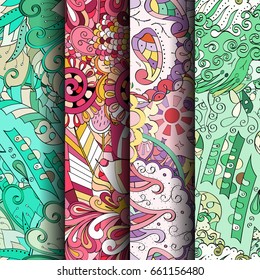 Set of tracery colorful seamless patterns. Vertical stripes. Curved doodling backgrounds for textile or printing with mehndi and ethnic motives. Vector