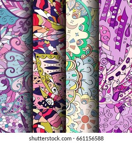 Set of tracery colorful seamless patterns. Vertical stripes. Curved doodling backgrounds for textile or printing with mehndi and ethnic motives. Vector