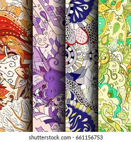 Set of tracery colorful seamless patterns. Vertical stripes. Curved doodling backgrounds for textile or printing with mehndi and ethnic motives. Vector