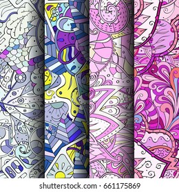 Set of tracery colorful seamless patterns. Vertical stripes. Curved doodling backgrounds for textile or printing with mehndi and ethnic motives. Vector