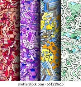 Set of tracery colorful seamless patterns. Vertical stripes. Curved doodling backgrounds for textile or printing with mehndi and ethnic motives. Vector