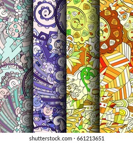 Set of tracery colorful seamless patterns. Vertical stripes. Curved doodling backgrounds for textile or printing with mehndi and ethnic motives. Vector