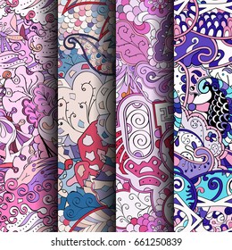 Set of tracery colorful seamless patterns. Vertical stripes. Curved doodling backgrounds for textile or printing with mehndi and ethnic motives. Vector