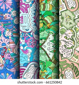 Set of tracery colorful seamless patterns. Vertical stripes. Curved doodling backgrounds for textile or printing with mehndi and ethnic motives. Vector